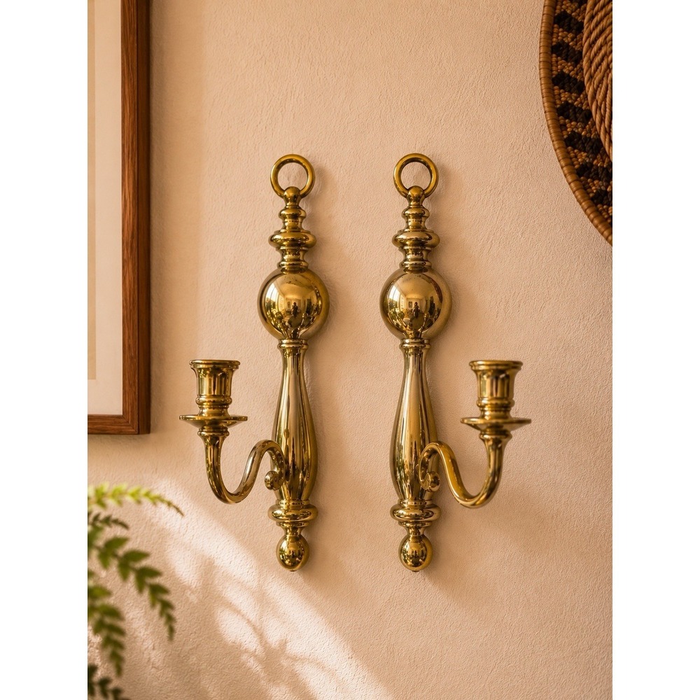 Vtg Syroco 1977 Shiny Gold Tone Set of 2 Wall Sconces Candle Holders Décor 4189